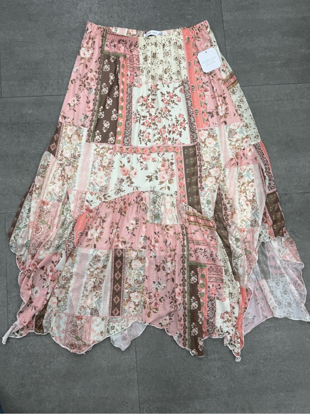 NWT Altar’d State Patchwork Floral Handkerchief Hem Midi Skirt Size Medium